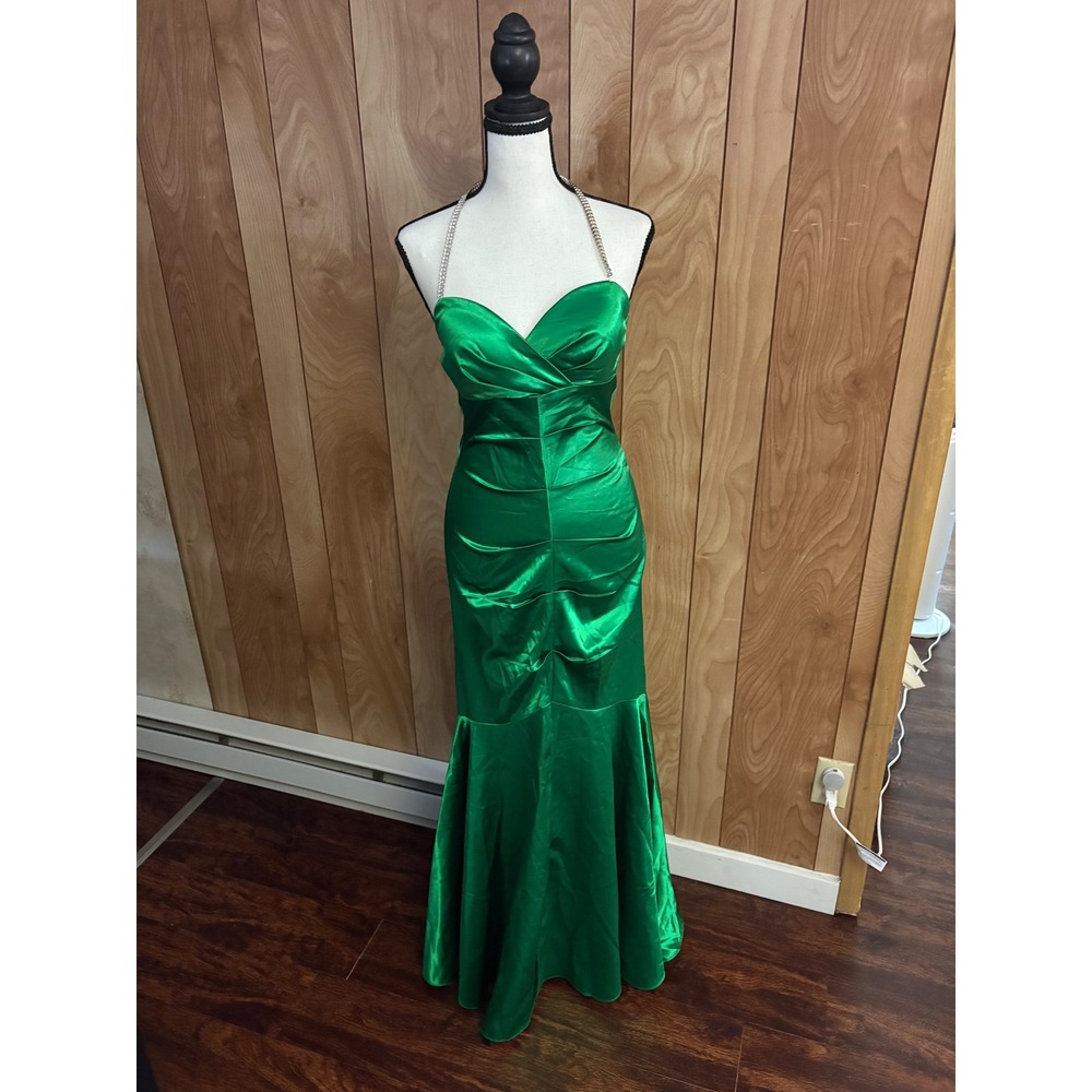 Jump Apparel Green Satin Mermaid Gown Rhinestone Halter Prom Dress 3/4